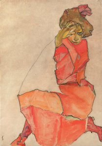 Femme agenouillée en robe rouge-orange